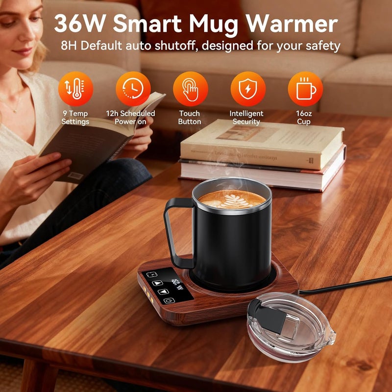 Mabahoo Coffee Mug Warmer & Mug Set for Desk, 36W Electric Coffee Mug Warmer with 16oz Cup, Smart Coffee Heater with 9 Temp Settings & Auto Shut Off, Home Office Desk Accessory, Gifts for Women Men, Wood - Image 3